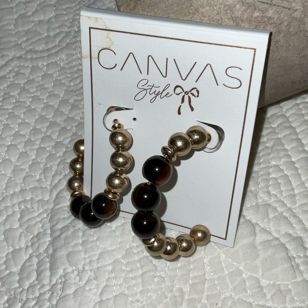 Canvas Gold and Tortoise Beaded Hoop Earrings